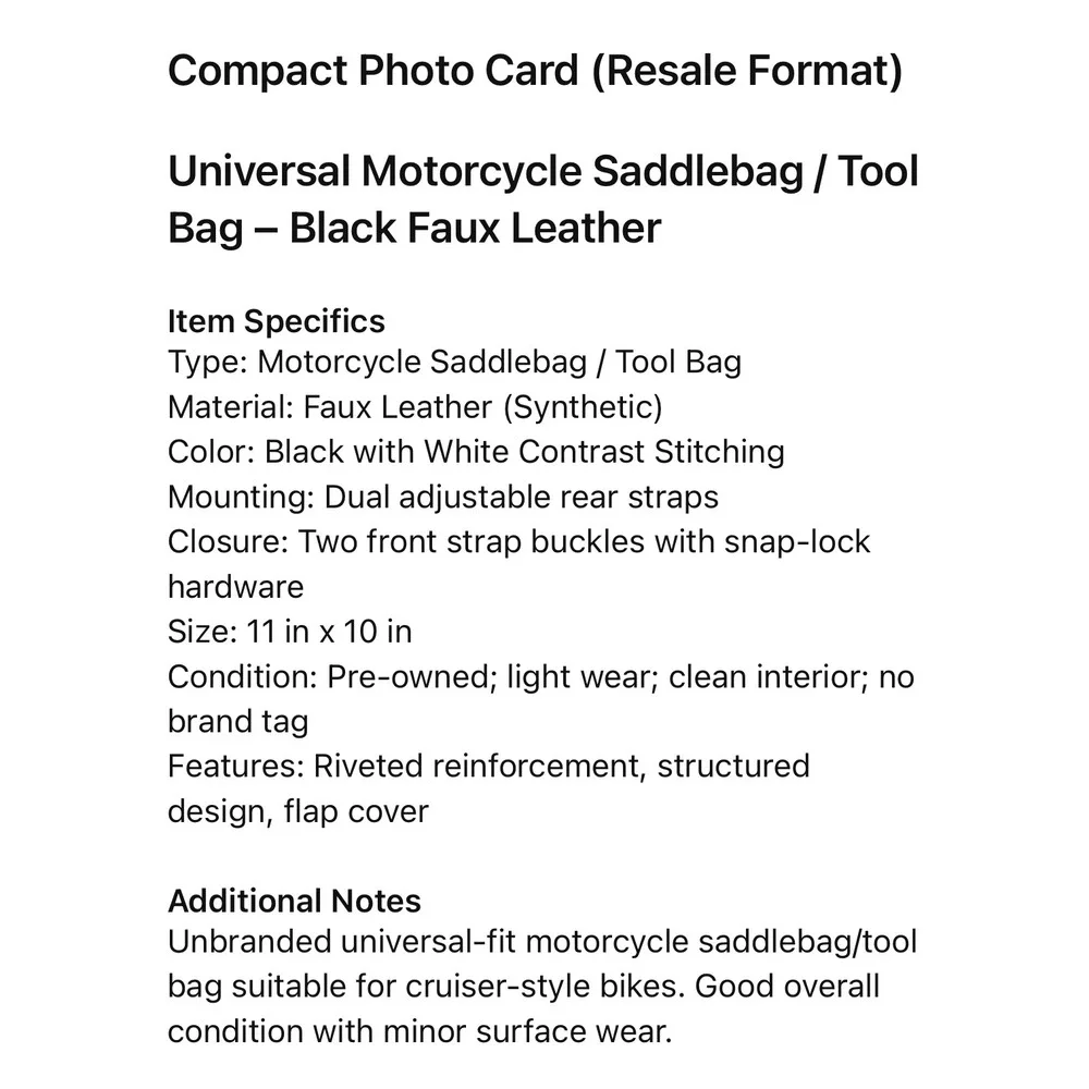 Universal Motorcycle Saddlebag Tool Bag Black Faux Leather Hard Shell Reinforced